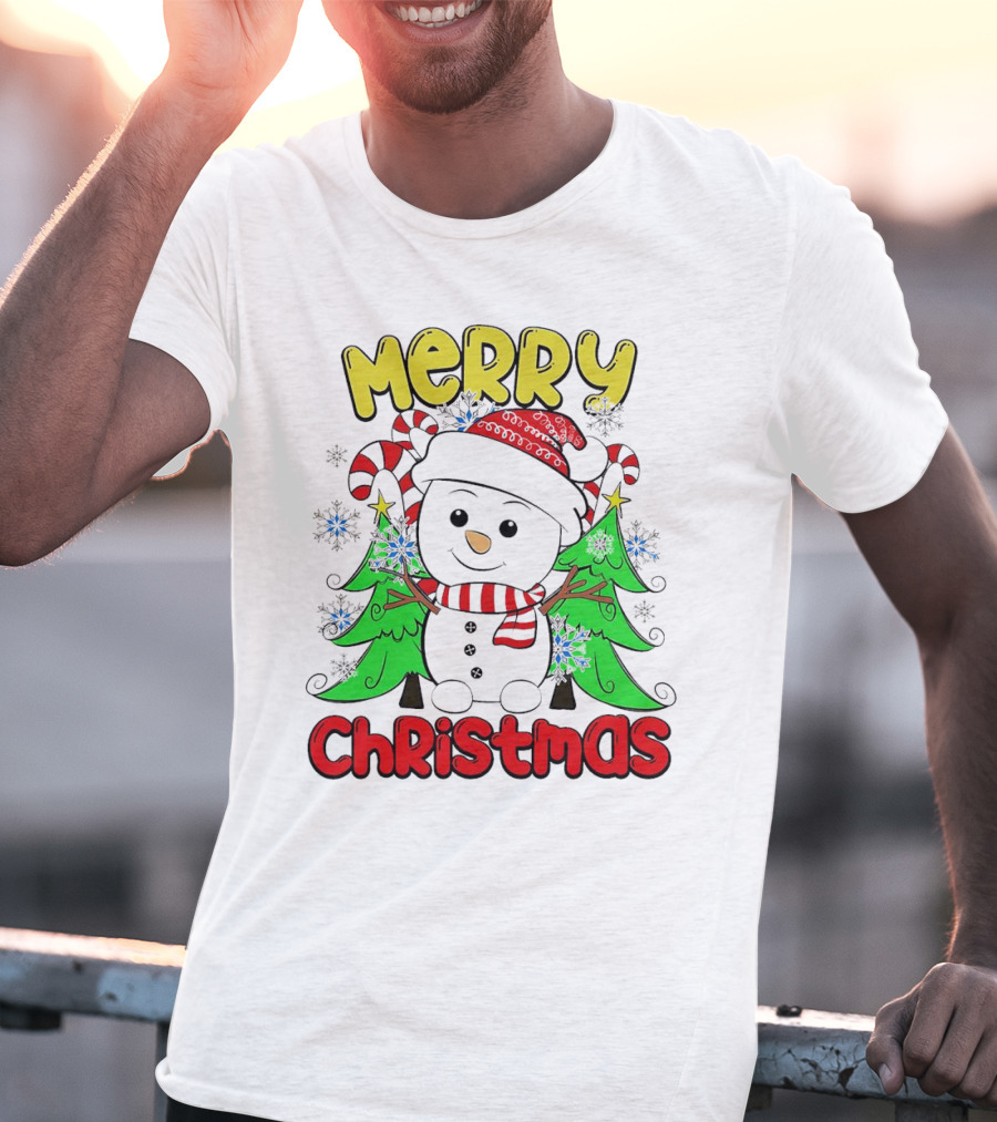 Merry Christmas Snowman With Candy Canes And Snowflakes T-Shirt