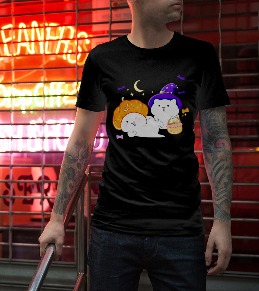 Bongo Cat Meme Halloween Pumpkin Witch Hat Moon Stars Bats T-Shirt