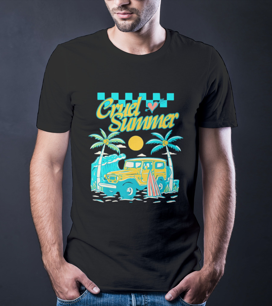 Cruel Summer Beach Vintage Jeep Palm Trees Retro Sun Wave Heart T-Shirt