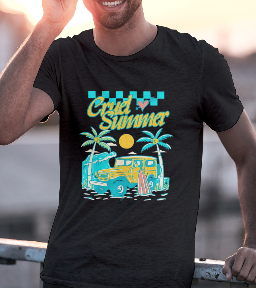 Cruel Summer Beach Vintage Jeep Palm Trees Retro Sun Wave Heart T-Shirt