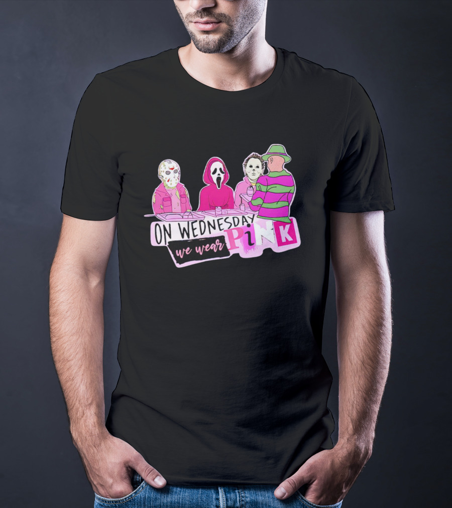 On Wednesdays We Wear Pink Horror Movie Characters Halloween Dinner Scene T-Shirt