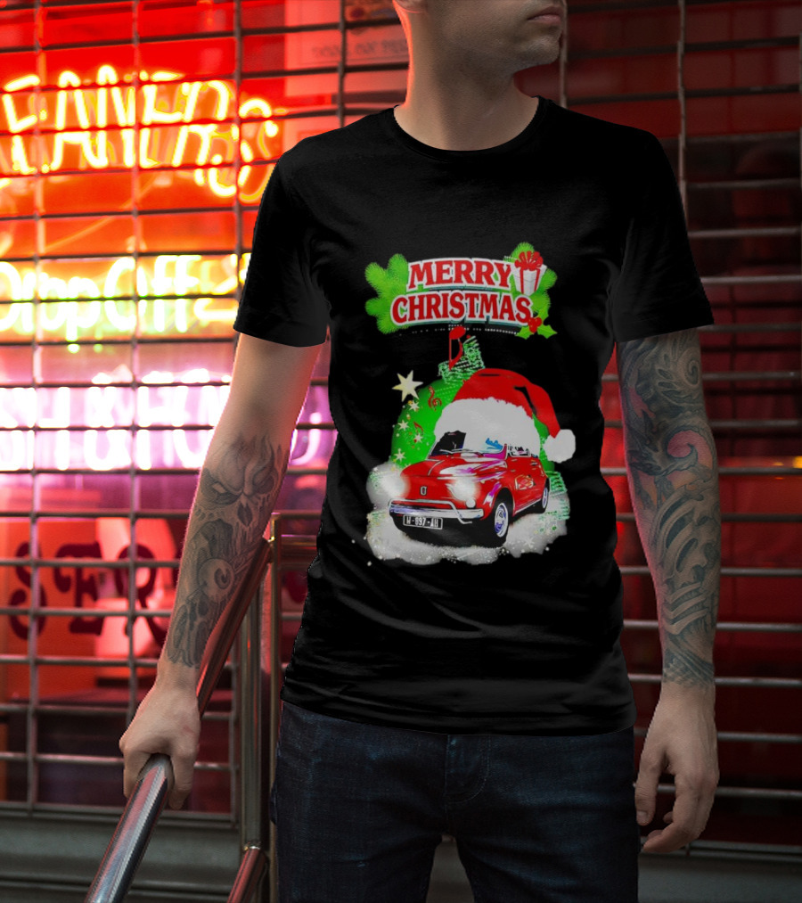 Merry Christmas Red Fiat 500 With Santa Hat And Green Background T-Shirt