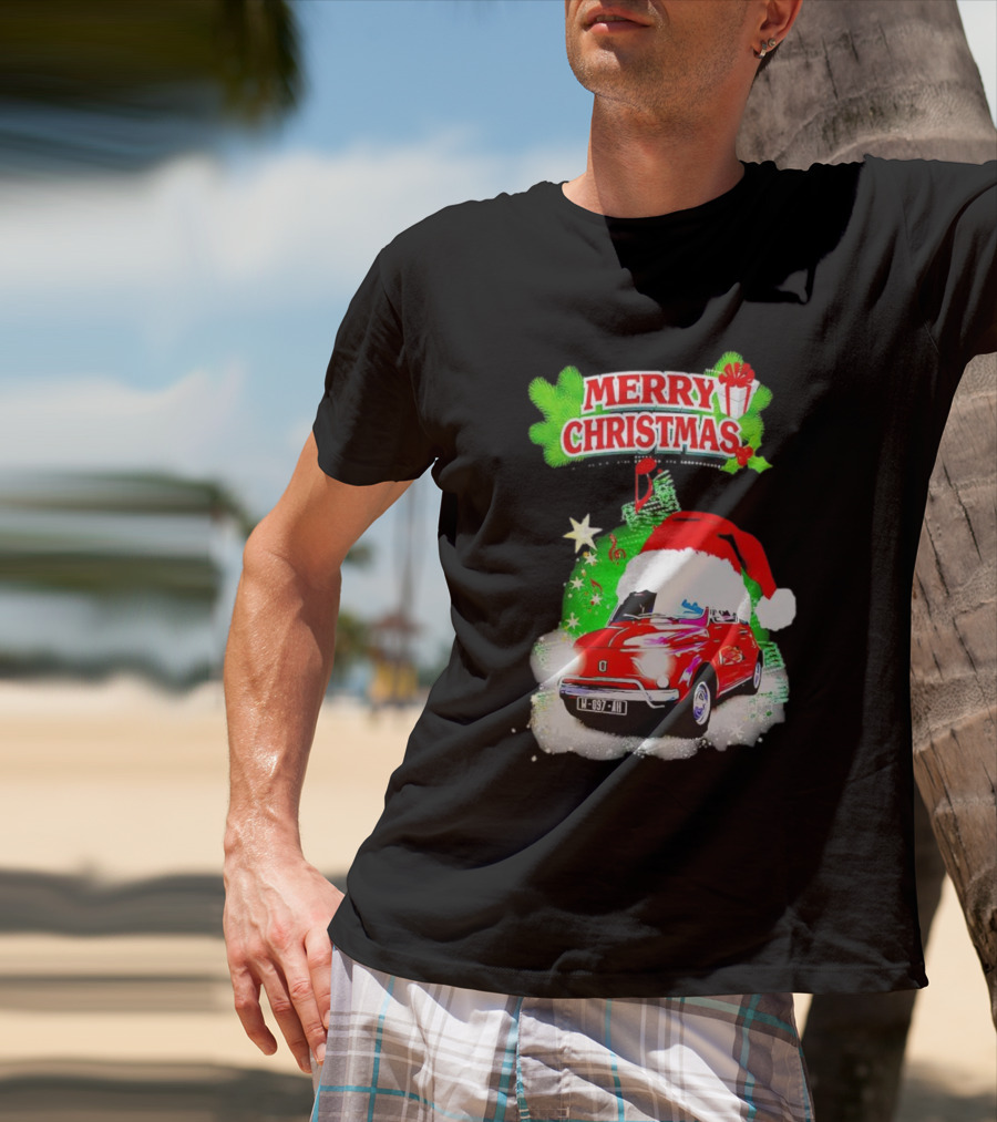 Merry Christmas Red Fiat 500 With Santa Hat And Green Background T-Shirt