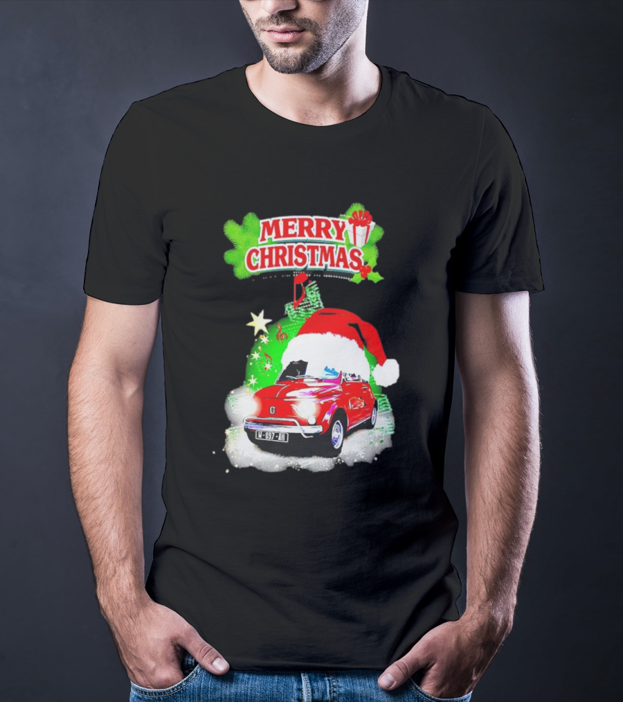 Merry Christmas Red Fiat 500 With Santa Hat And Green Background T-Shirt