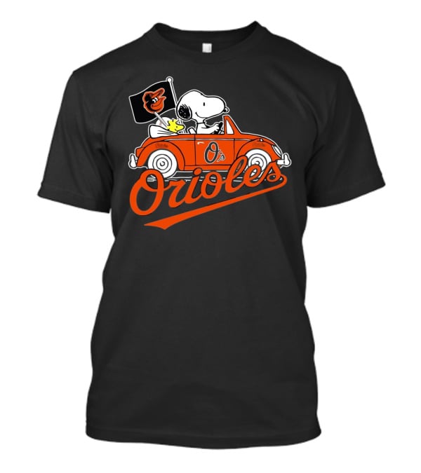 Snoopy And Woodstock Driving Baltimore Orioles Car With Flag T-Shirt