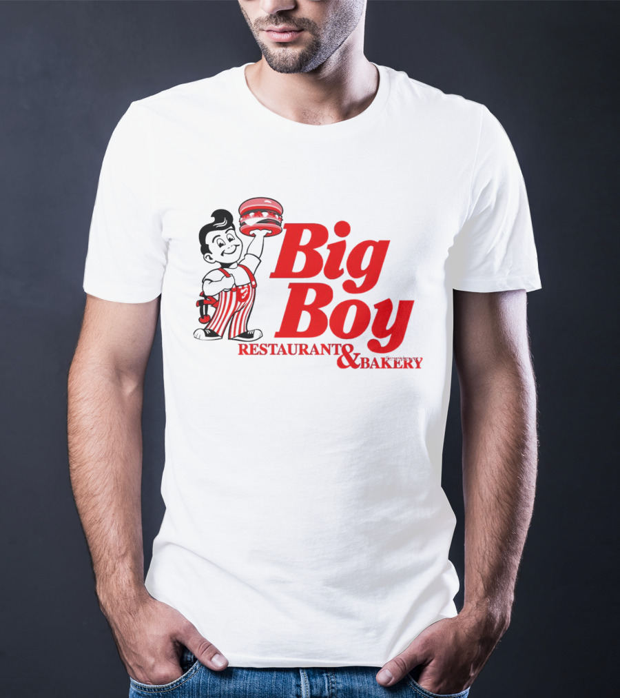 Big Boy Restaurant And Bakery Logo - Iconic Red Text With Burger Mascot T-Shirt