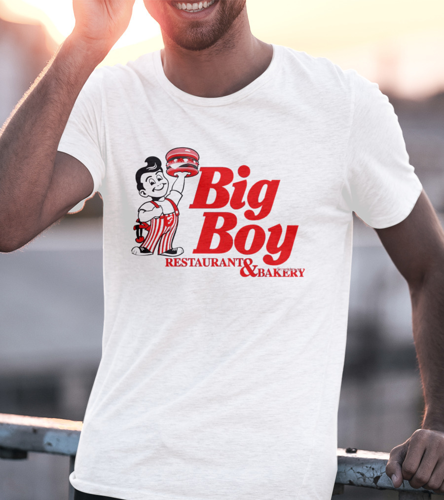 Big Boy Restaurant And Bakery Logo - Iconic Red Text With Burger Mascot T-Shirt