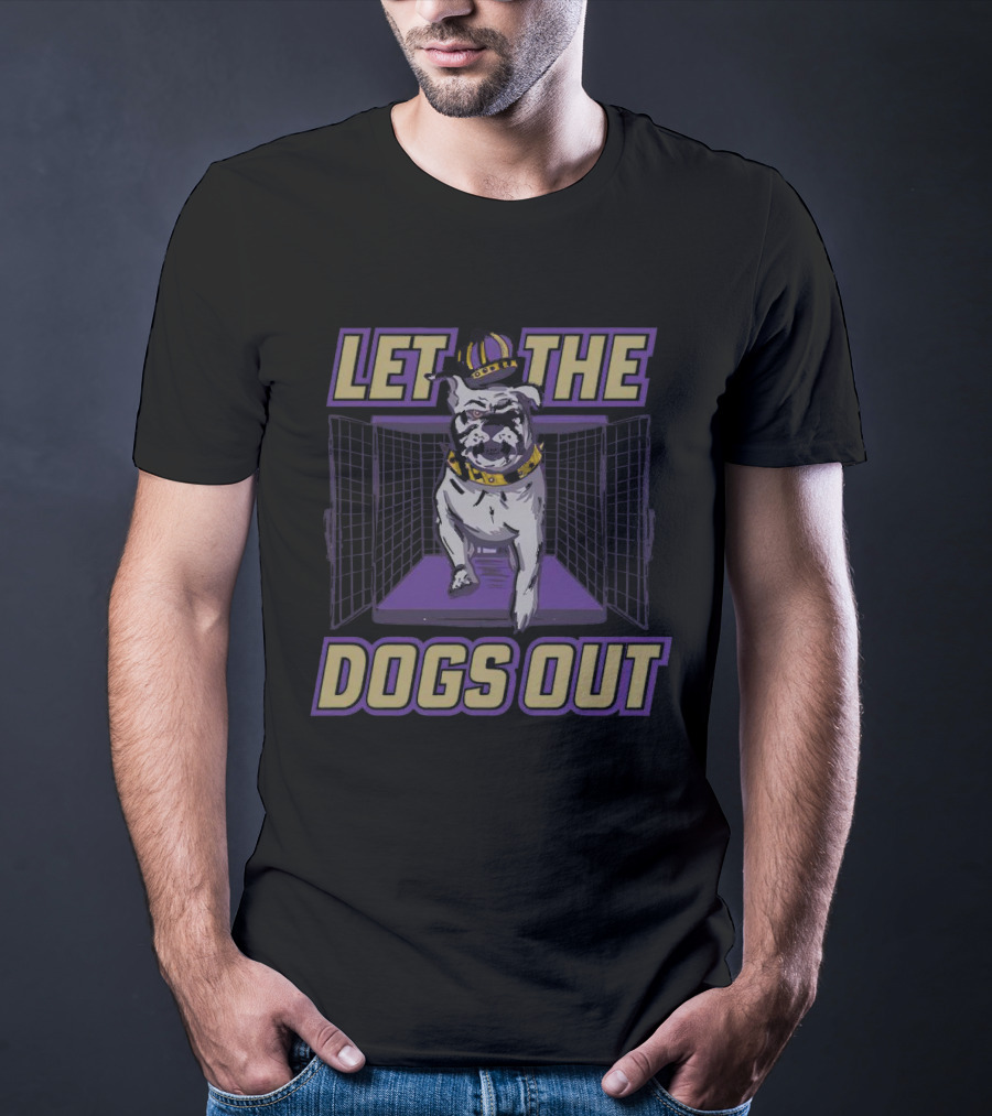 Bulldog Let The Dogs Out With Crown And Collar In Purple And Gold T-Shirt