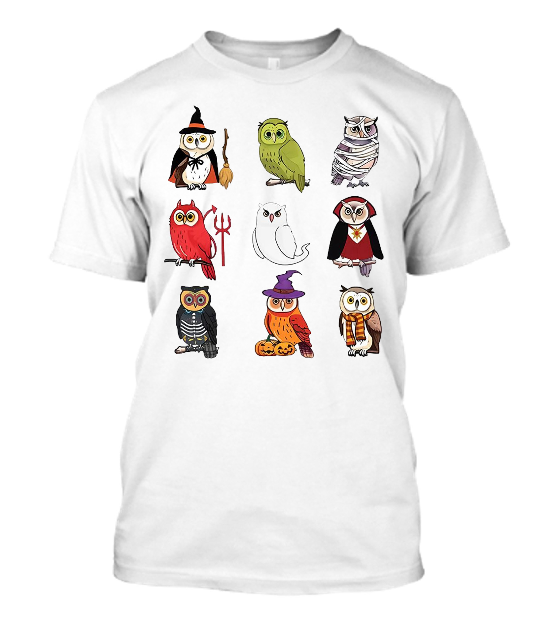 Cute Owls Halloween Witch Mummy Devil Skeleton Vampire Pumpkin Scarf T-Shirt