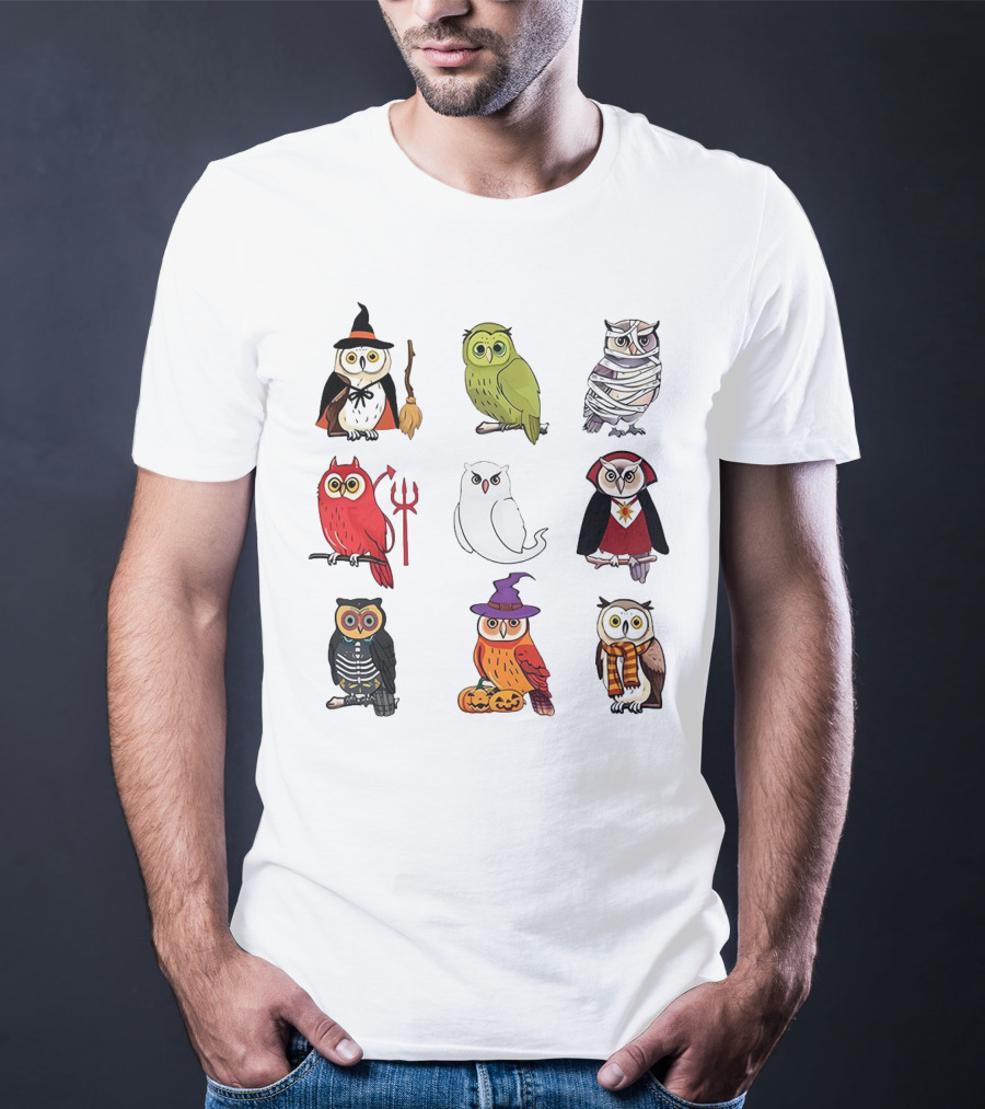 Cute Owls Halloween Witch Mummy Devil Skeleton Vampire Pumpkin Scarf T-Shirt