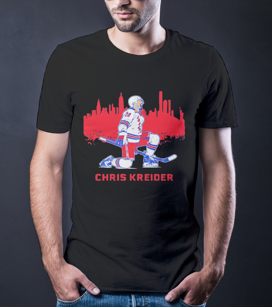 Chris Kreider New York Rangers Skyline Kneeling Hockey Player T-Shirt