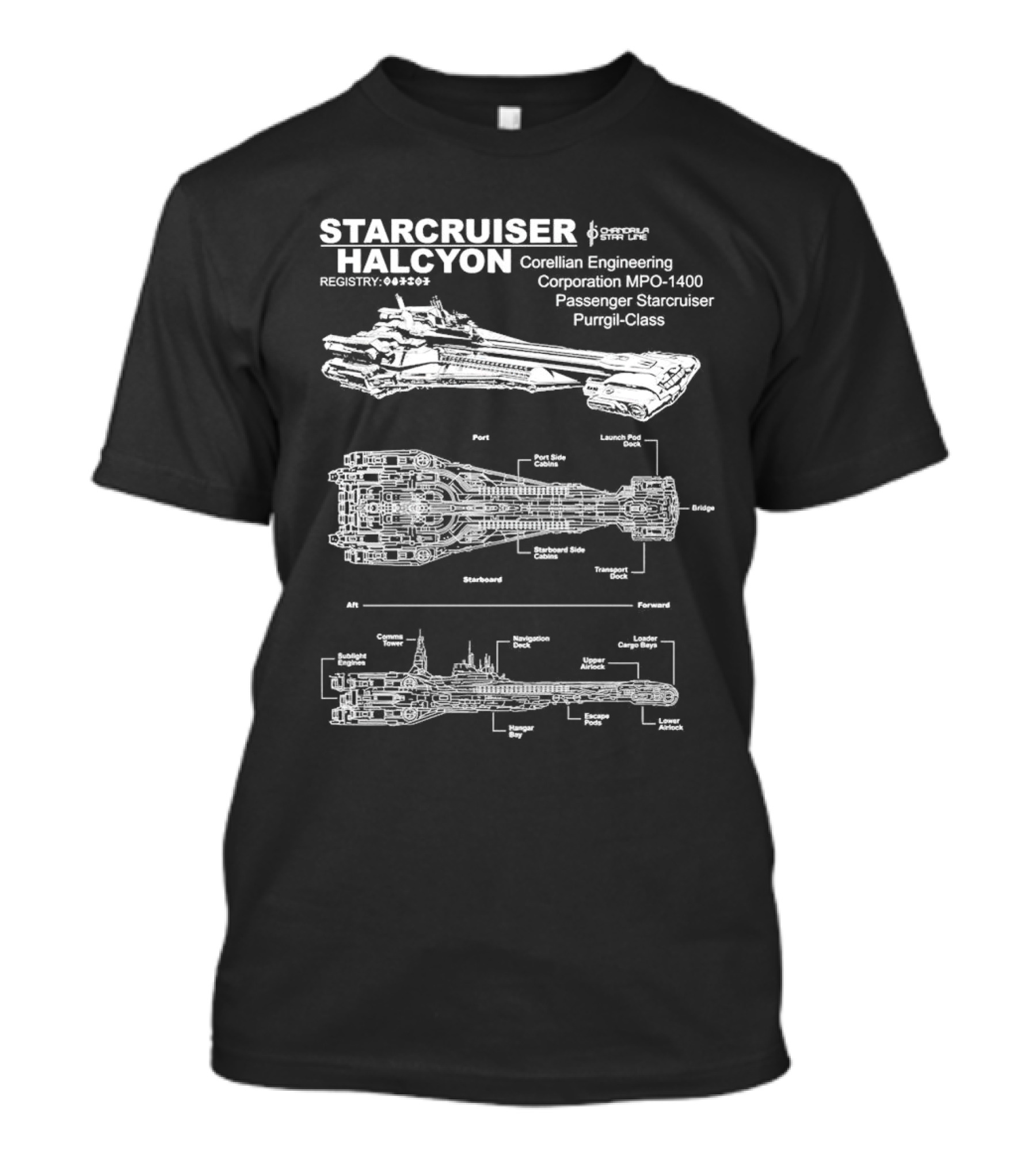Starcruiser Halcyon Corellian Engineering Schematic Blueprint MPO-1400 Passenger Starcruiser Purrgil-Class T-Shirt