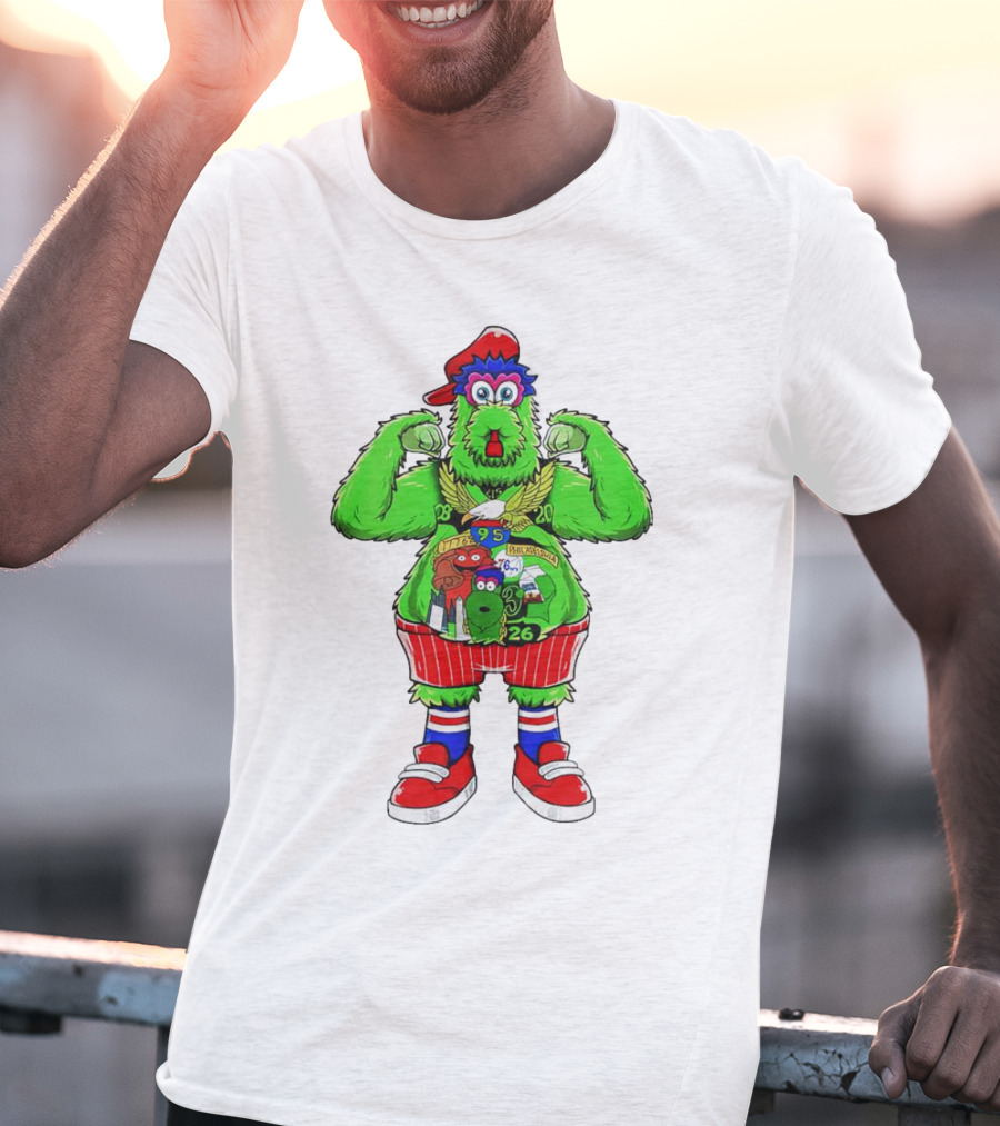 Philly Phanatic Mascots Sporting Red Cap And Sneakers With 1980 2008 1985 1995 2008 Numbers T-Shirt