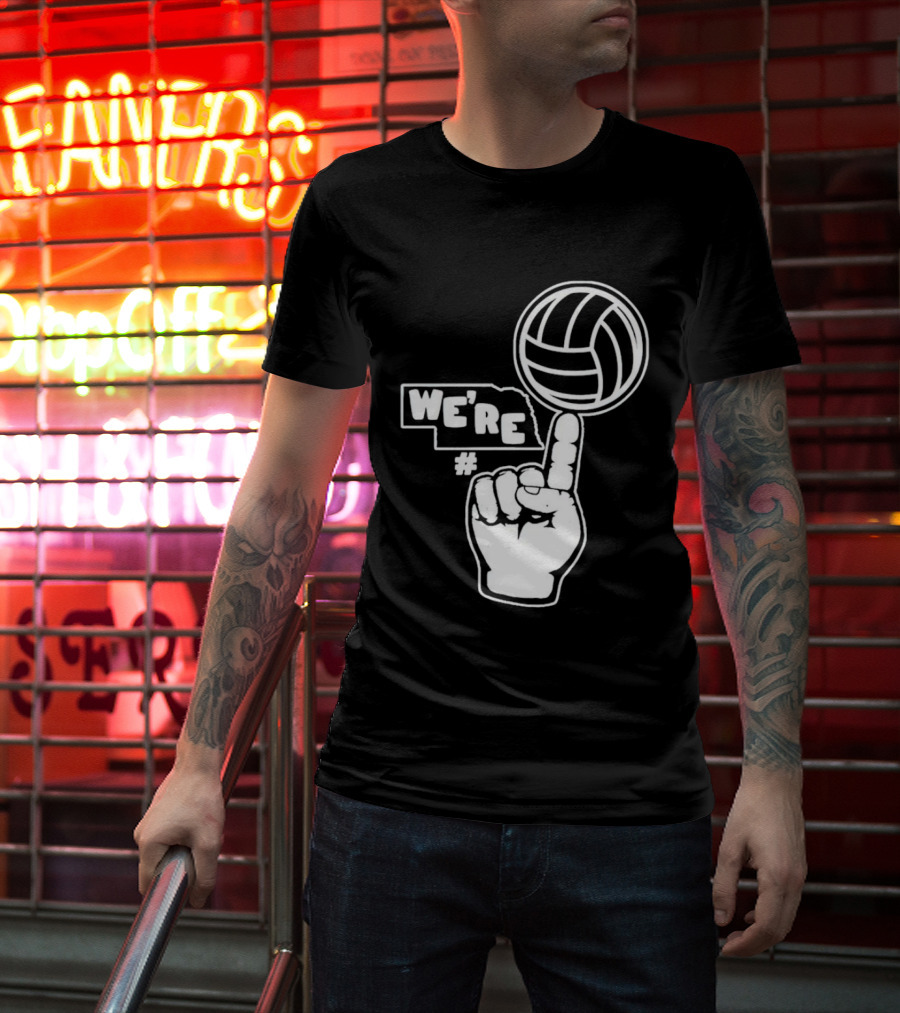 We're Number One Nebraska Volleyball Finger Gesture And Volleyball Map T-Shirt