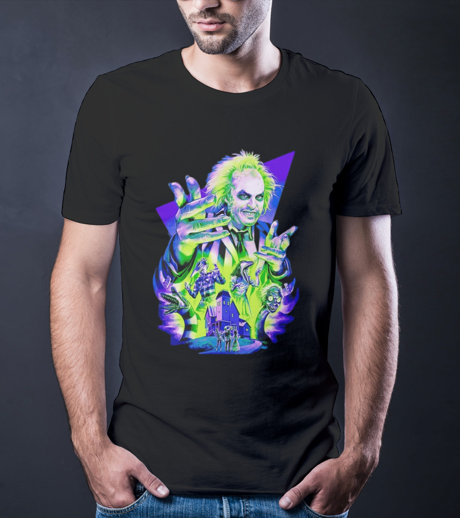 Beetlejuice Specter In Striped Suit Neon Art 80s Horror Movie Icons T-Shirt