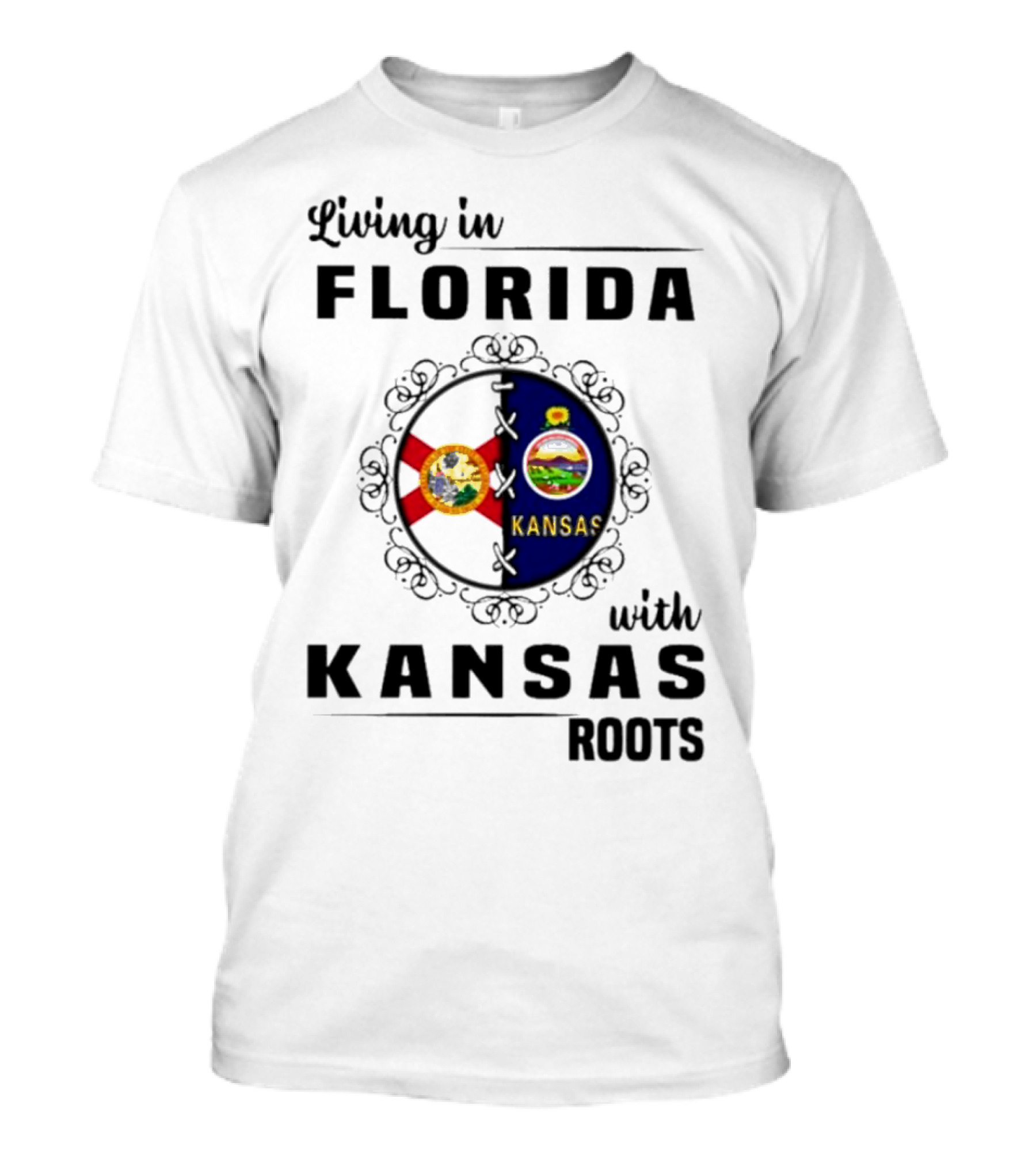 Living In Florida With Kansas Roots State Flags Emblem T-Shirt