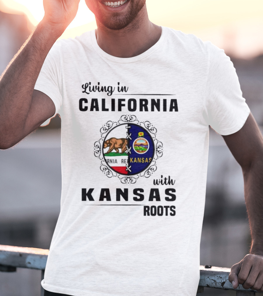 Living In California With Kansas Roots Bear And Sunflower State Flags T-Shirt
