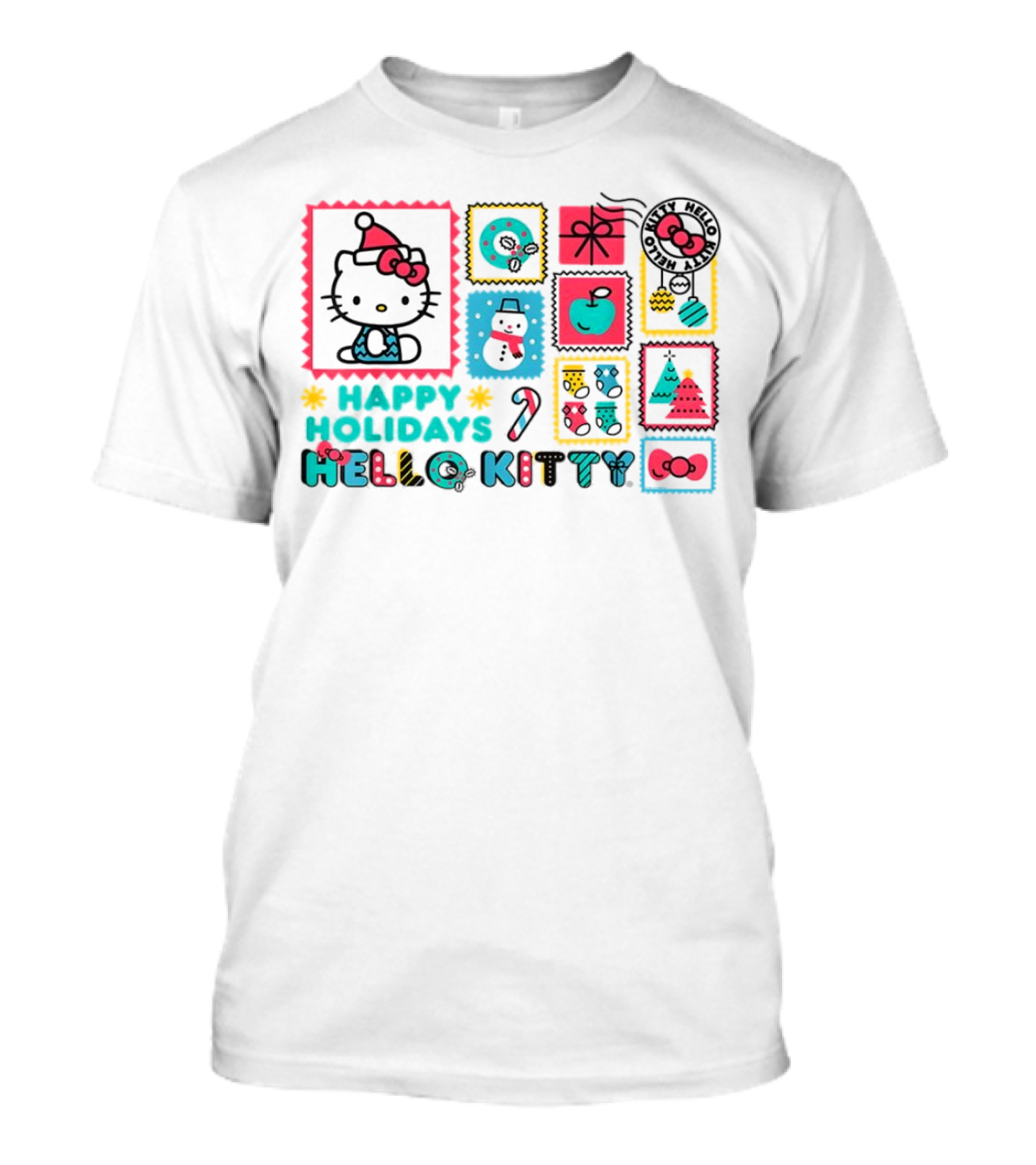 Happy Holidays Hello Kitty Merry Christmas Candy Cane Bow Trees Gift Snowman T-Shirt