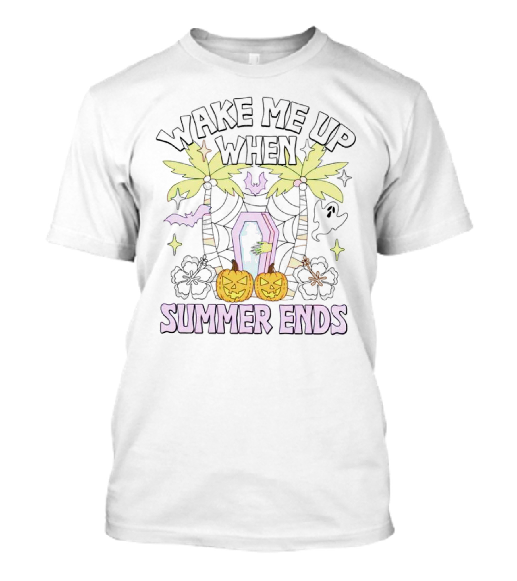 Wake Me Up When Summer Ends Coffin Palms Halloween Pumpkins Bats T-Shirt