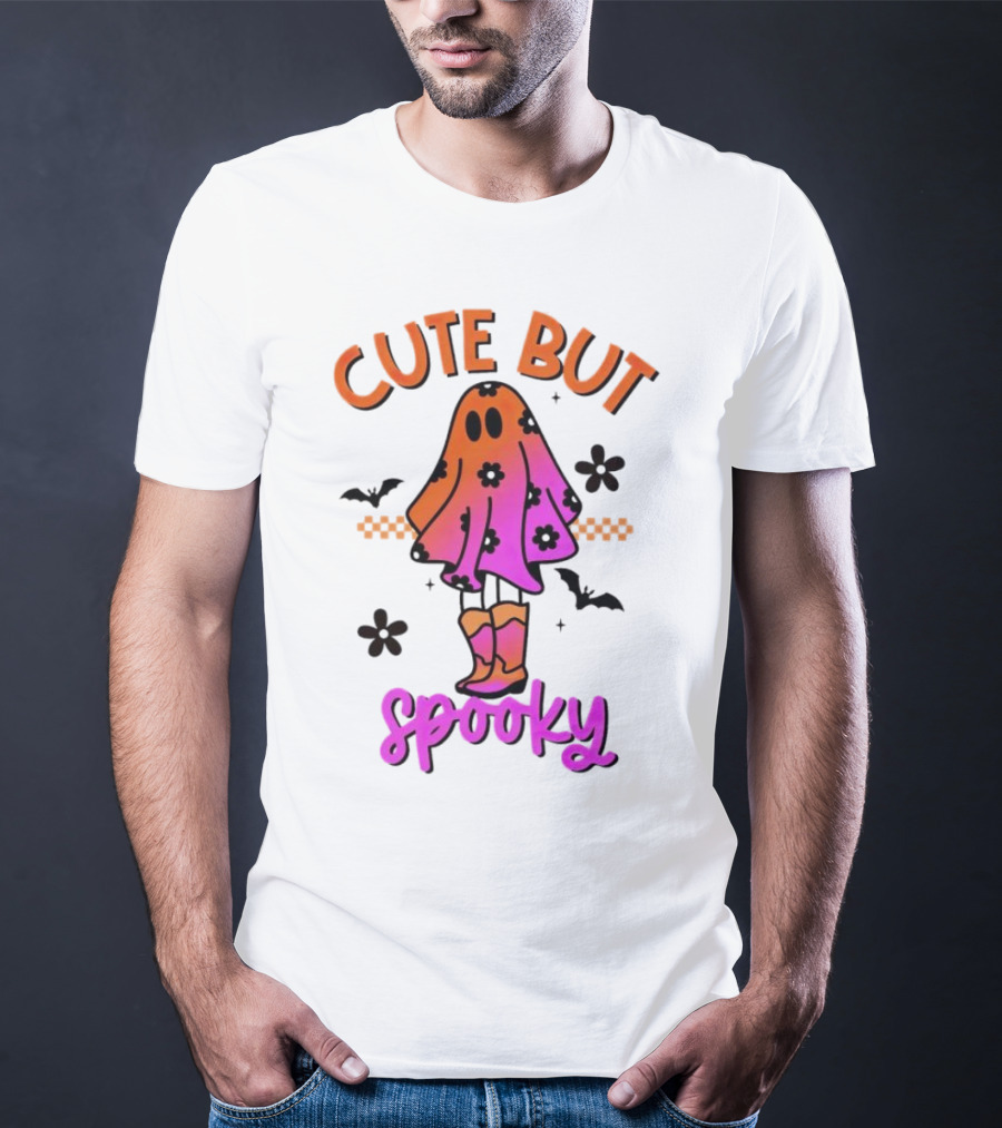 Cute But Spooky Halloween Ghost With Bat And Floral Boot Accents T-Shirt