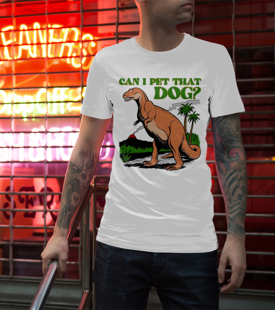 Can I Pet That Dog Dinosaur Volcano And Palm Trees T-Shirt
