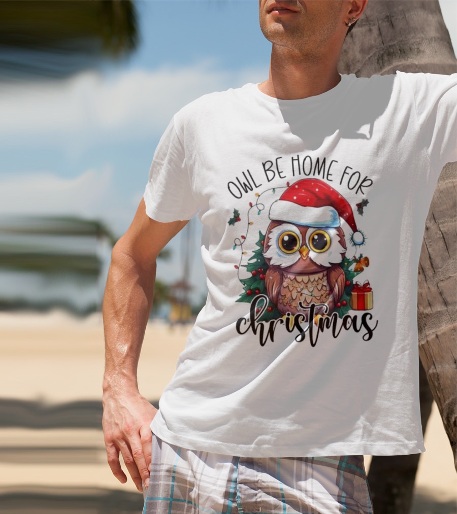 Owl Be Home For Christmas Santa Hat Owl Festive Lights Gift Box T-Shirt