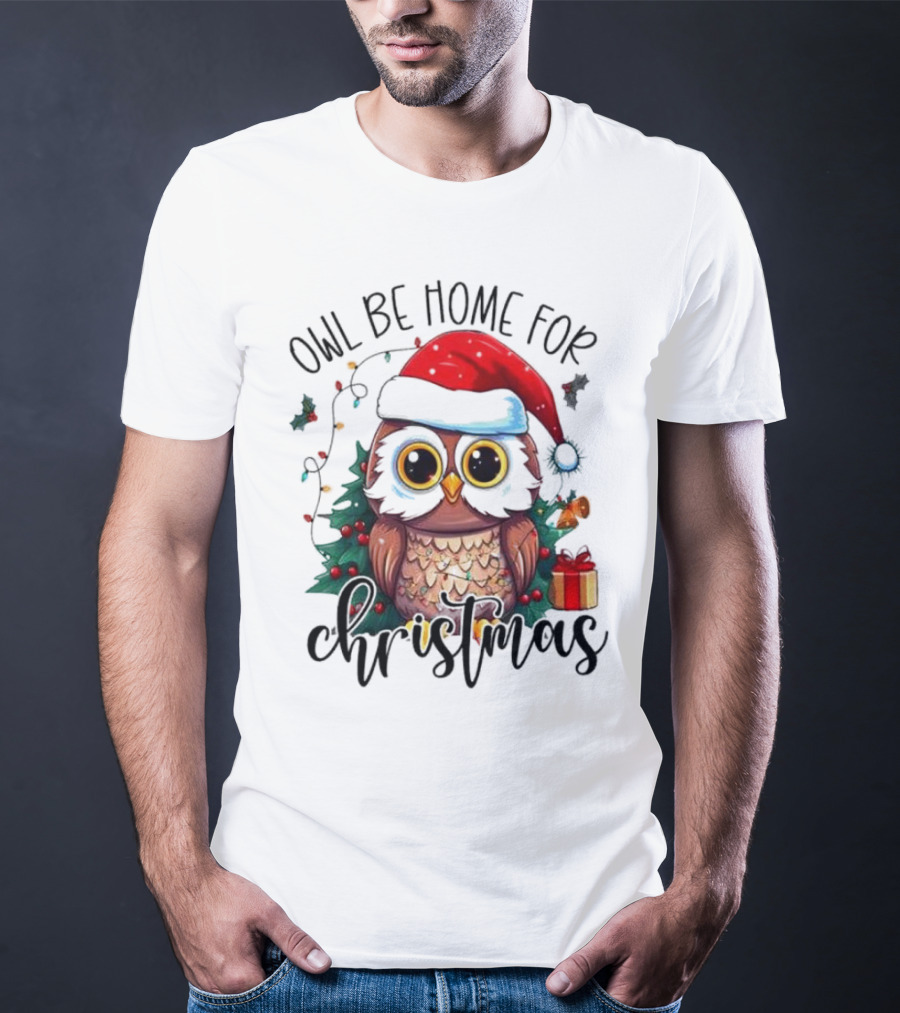 Owl Be Home For Christmas Santa Hat Owl Festive Lights Gift Box T-Shirt