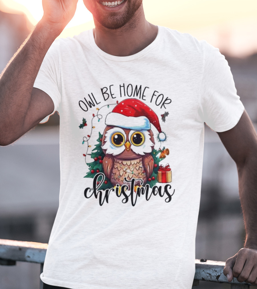 Owl Be Home For Christmas Santa Hat Owl Festive Lights Gift Box T-Shirt