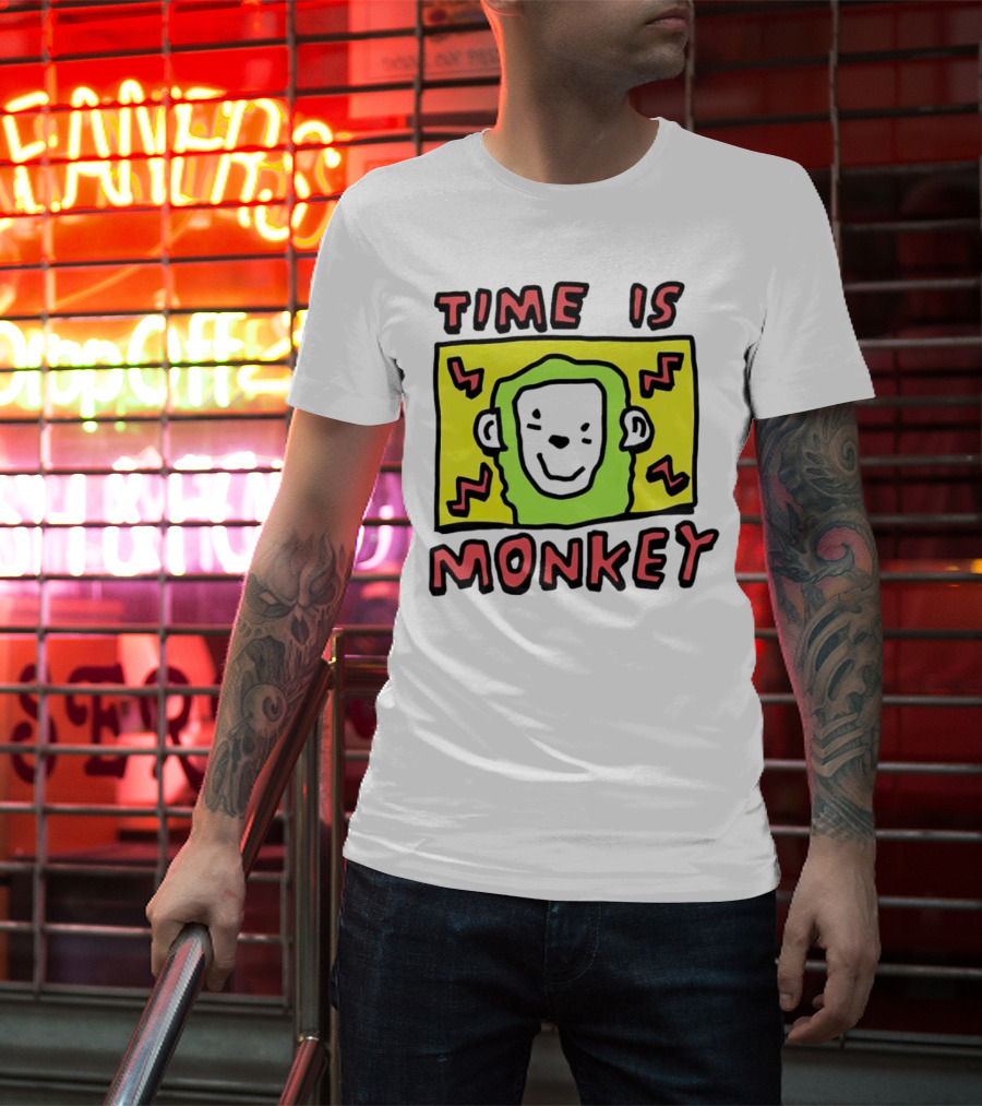 Time Is Monkey Green Highlighted Cartoon Face With Zigzag Lines T-Shirt