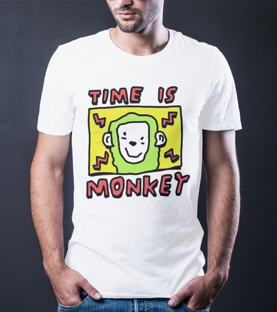 Time Is Monkey Green Highlighted Cartoon Face With Zigzag Lines T-Shirt
