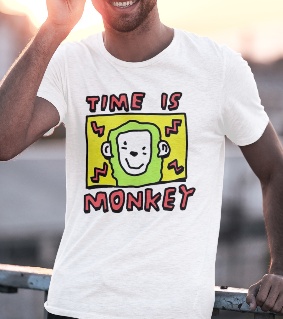 Time Is Monkey Green Highlighted Cartoon Face With Zigzag Lines T-Shirt