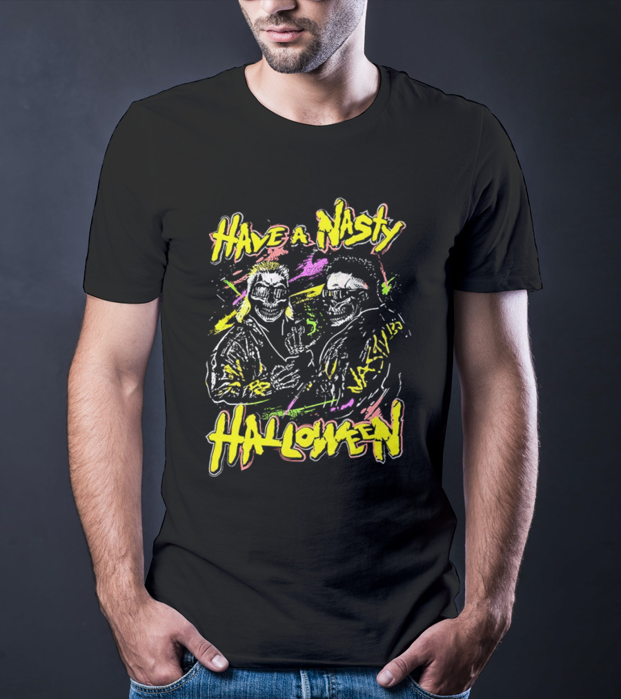 Have A Nasty Halloween Skeleton Warriors Vibrant Neon T-Shirt