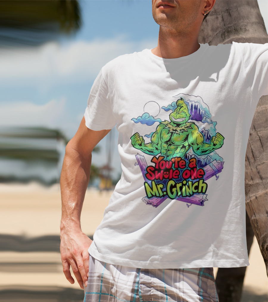 You’re A Swole One Mr Grinch Fitness Muskula Green Character With Frosted Mountain Background T-Shirt