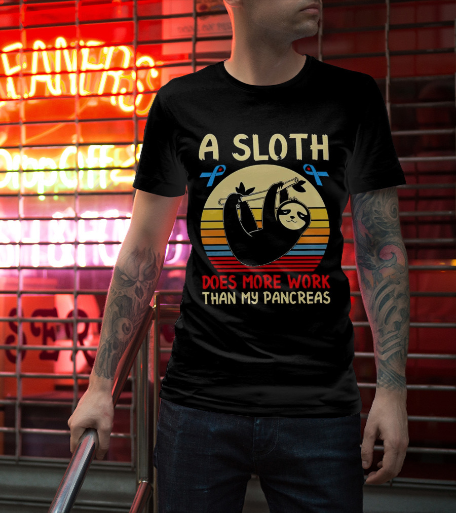 A Sloth Does More Work Than My Pancreas Vintage Style With Blue Diabetes Awareness Ribbons T-Shirt