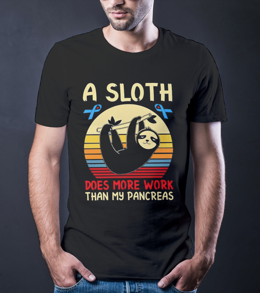 A Sloth Does More Work Than My Pancreas Vintage Style With Blue Diabetes Awareness Ribbons T-Shirt