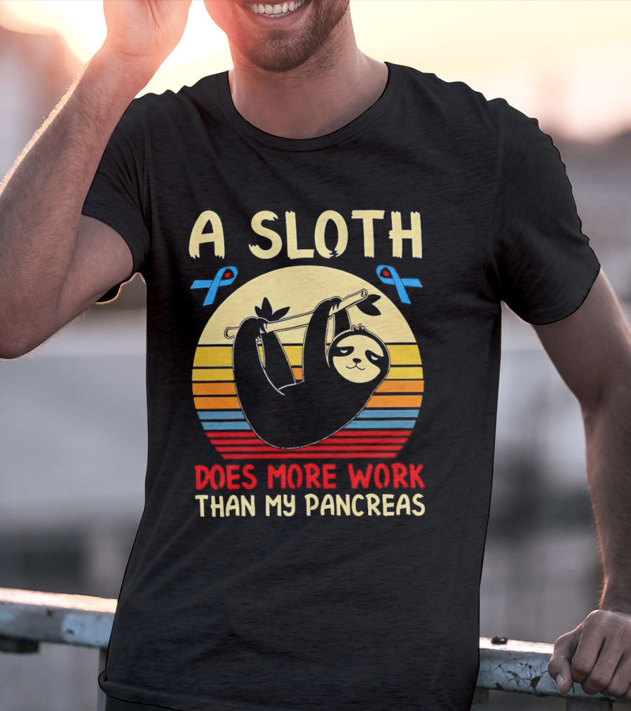 A Sloth Does More Work Than My Pancreas Vintage Style With Blue Diabetes Awareness Ribbons T-Shirt