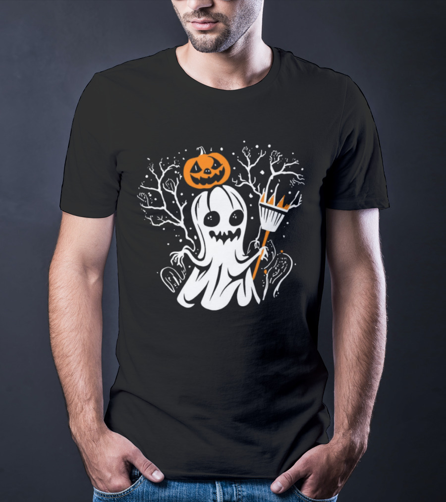 Pumpkin King Halloween Ghost With Broomstick T-Shirt