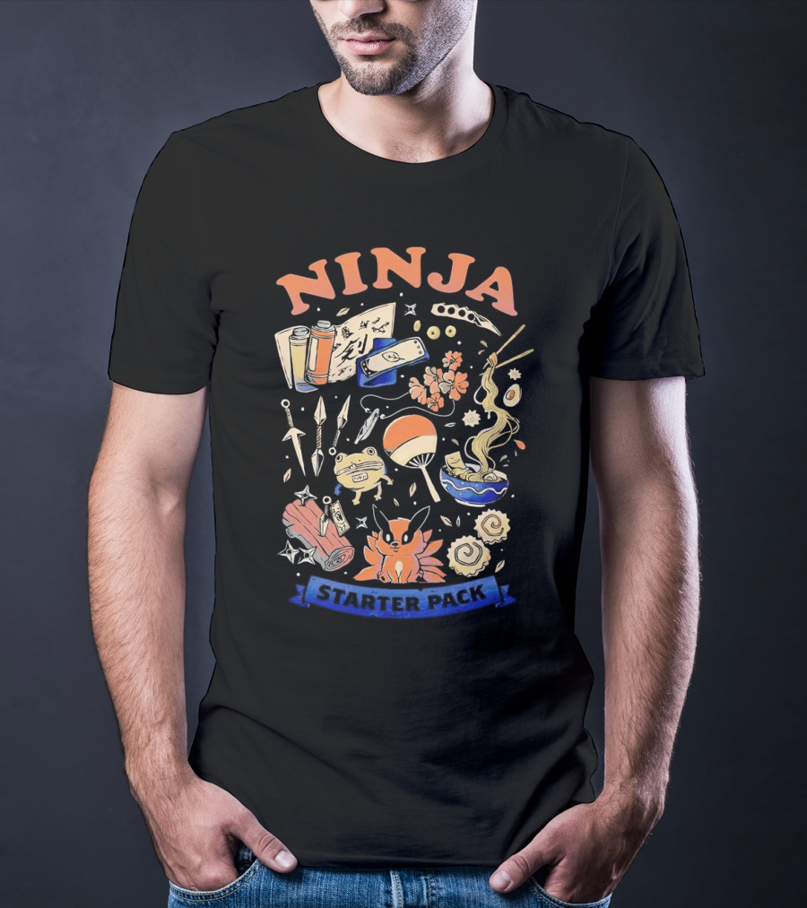 Ninja Starter Pack Kunai Scrolls Shuriken Ramen Chopsticks Anime Fox Pokeball T-Shirt