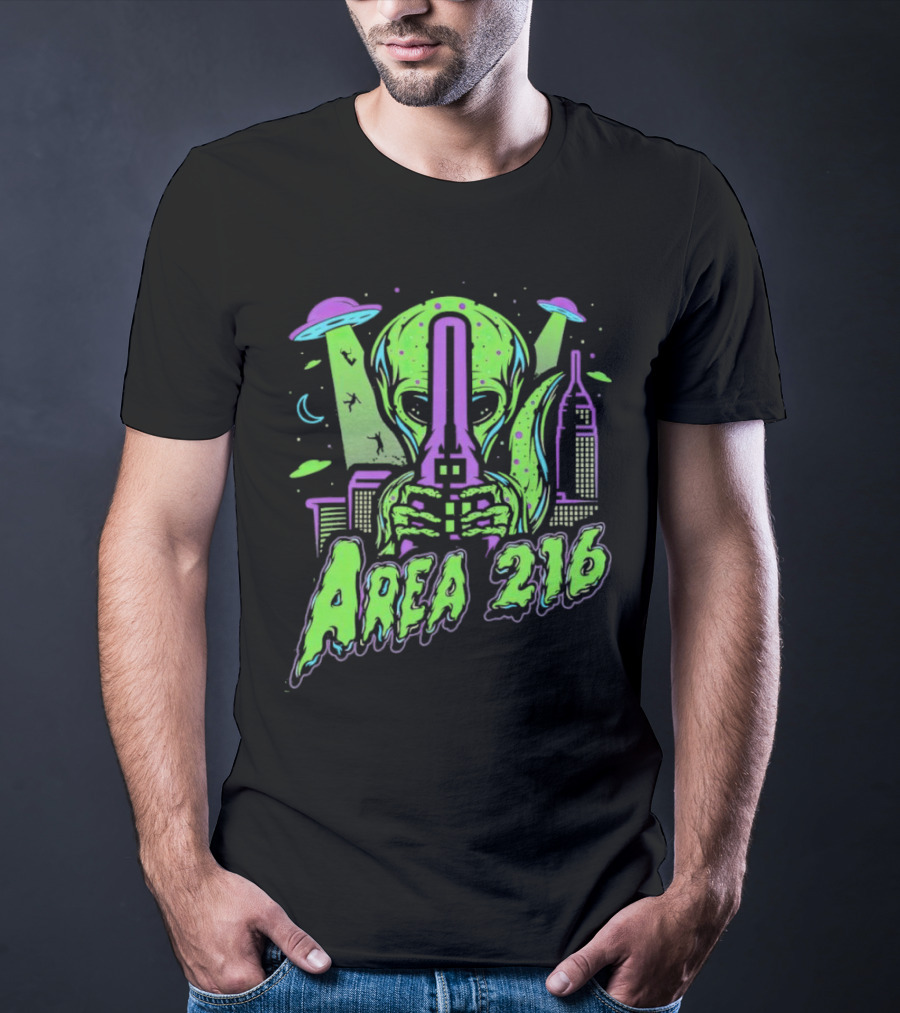 Area 216 Alien UFO City Skyline Neon T-Shirt