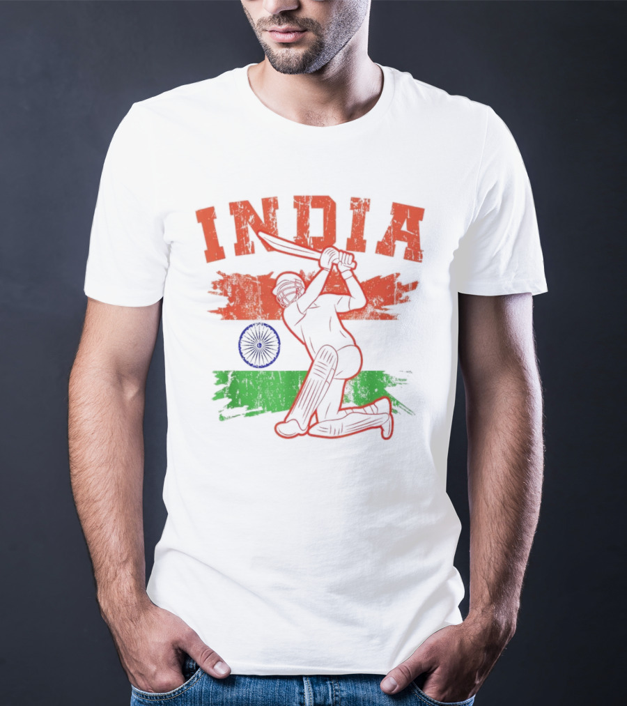 India Cricket Enthusiasts Batting Action With Ashoka Chakra T-Shirt