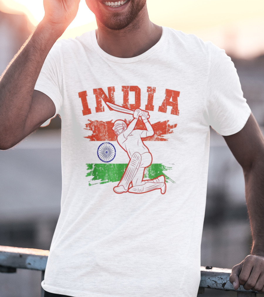 India Cricket Enthusiasts Batting Action With Ashoka Chakra T-Shirt