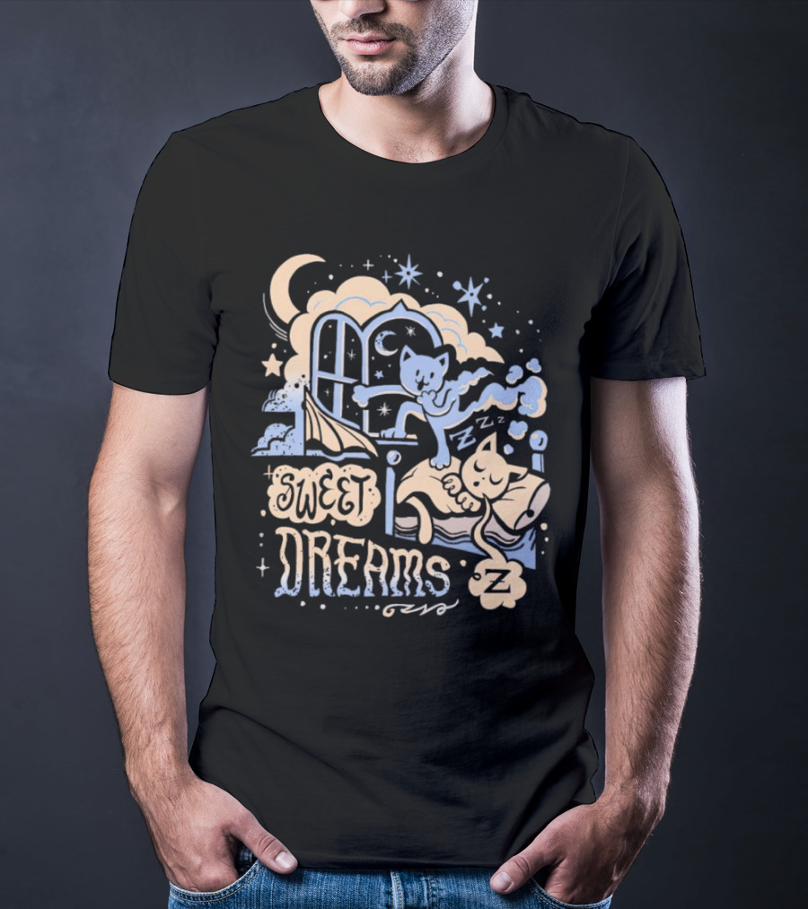 Sweet Dreams Dreaming Cat Under Moon And Stars T-Shirt