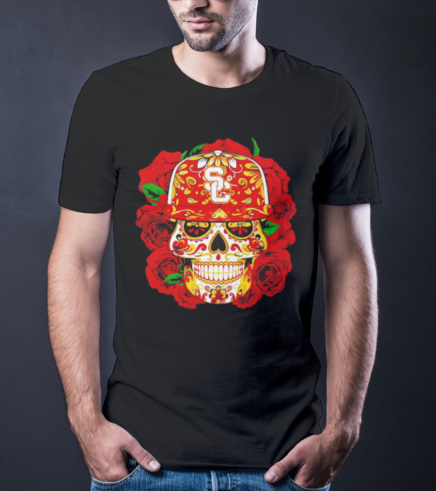 USC Sugar Skull With Roses And Cap T-Shirt