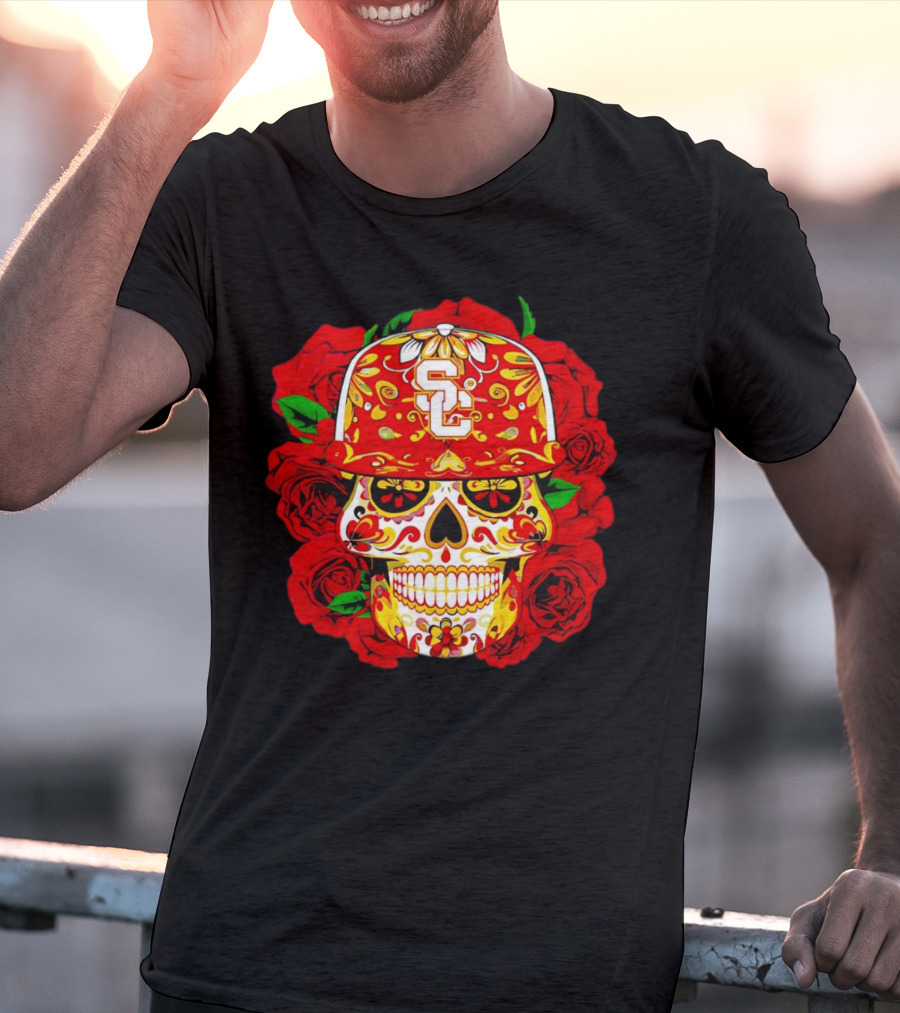 USC Sugar Skull With Roses And Cap T-Shirt