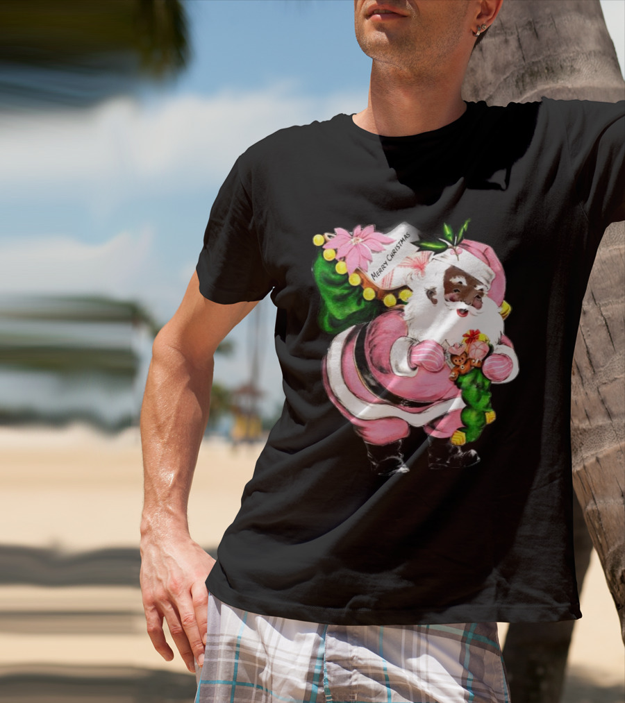 Merry Christmas Pink African-American Black Santa Claus With Gifts T-Shirt