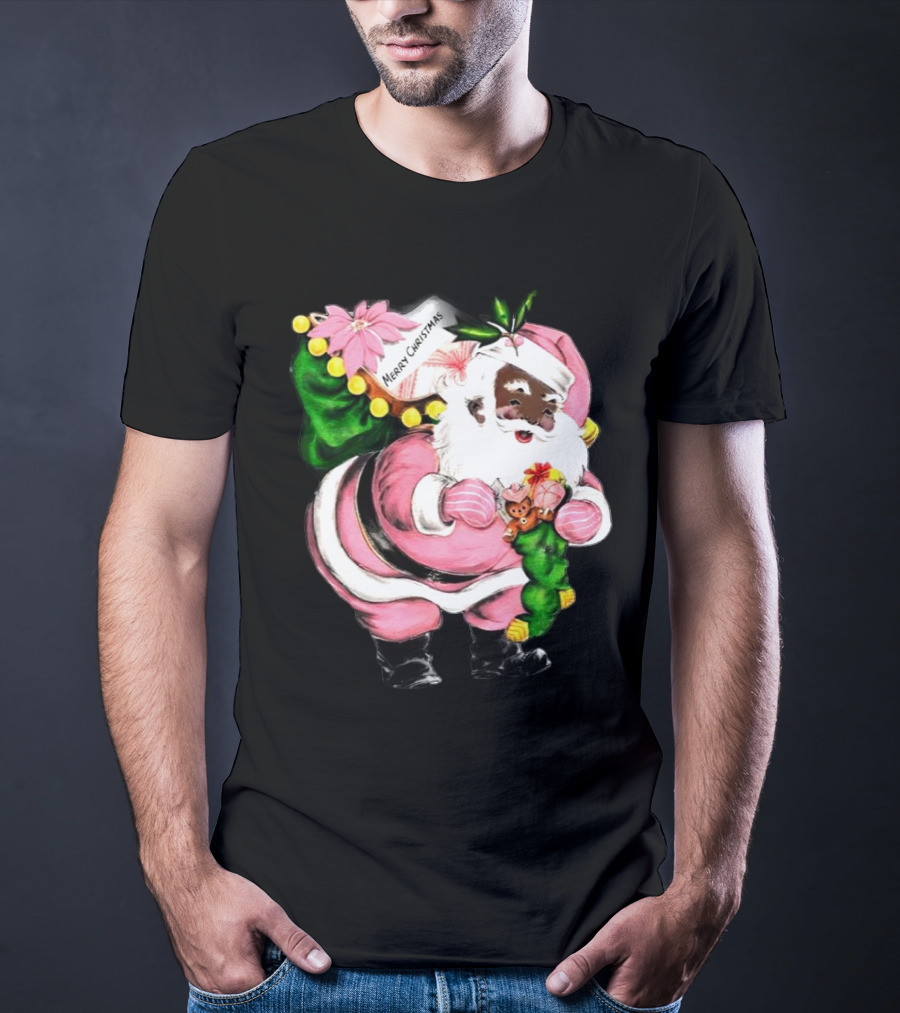 Merry Christmas Pink African-American Black Santa Claus With Gifts T-Shirt