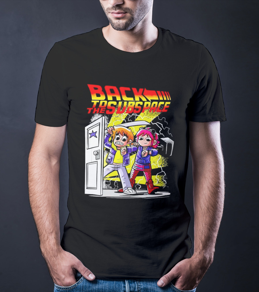 Back To The Subspace Scott Pilgrim And Ramona With Retro Door And Lightning T-Shirt