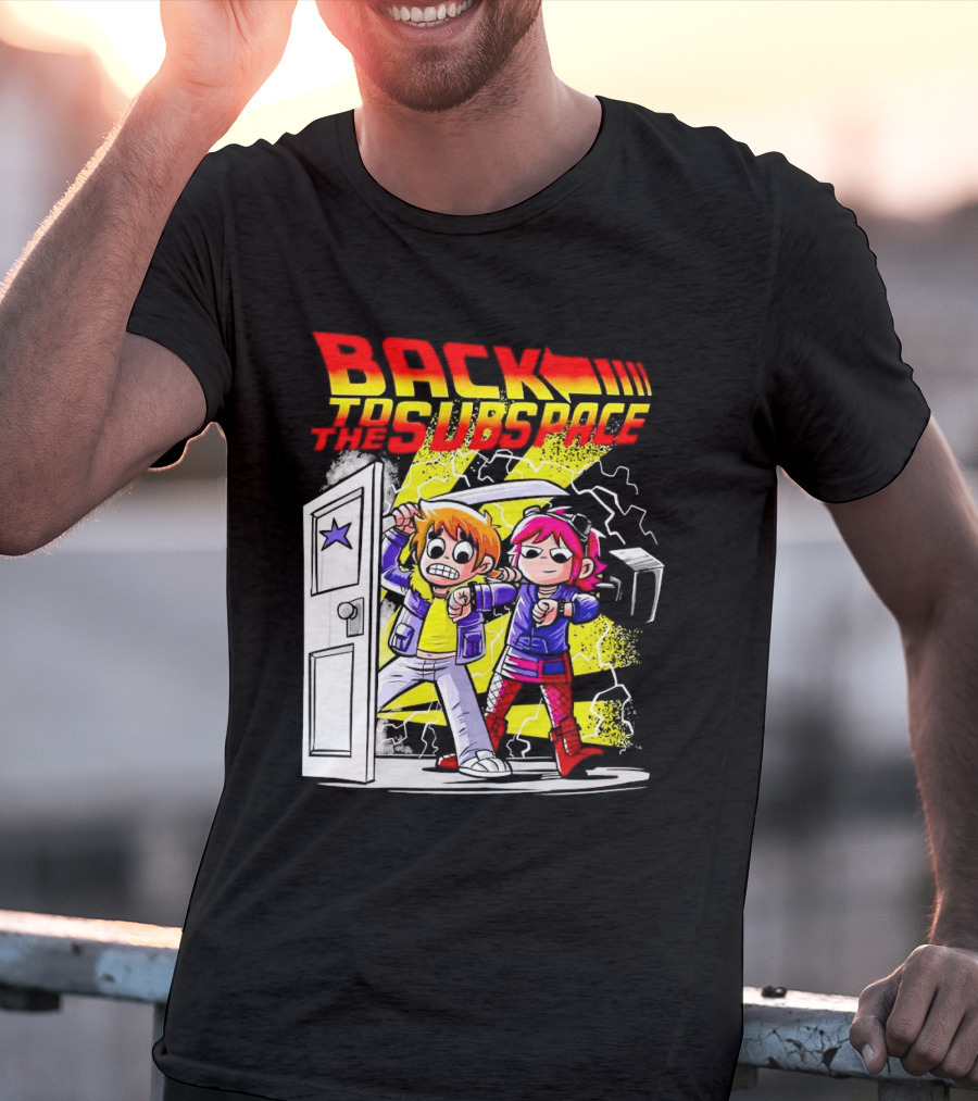 Back To The Subspace Scott Pilgrim And Ramona With Retro Door And Lightning T-Shirt