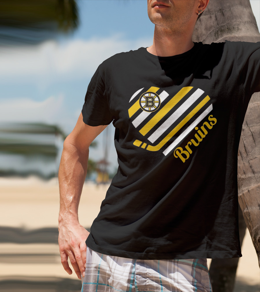 Boston Bruins Stripes Heart With Hockey Stick T-Shirt