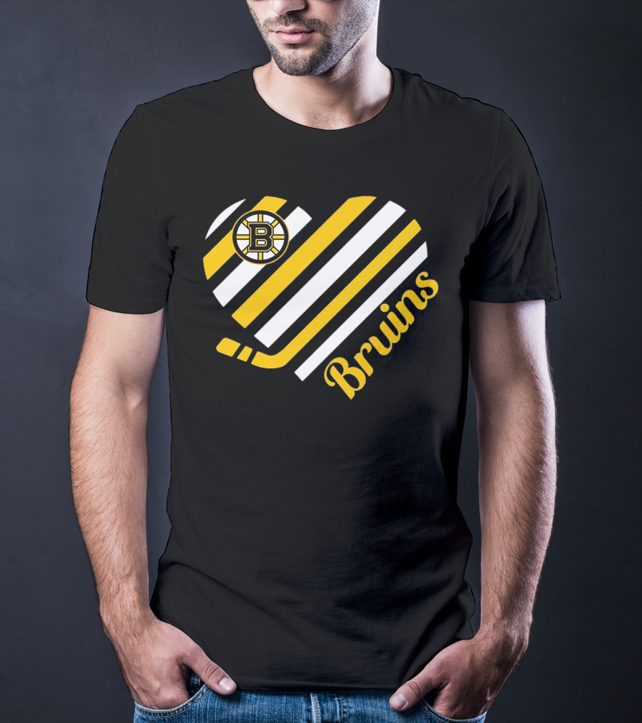 Boston Bruins Stripes Heart With Hockey Stick T-Shirt